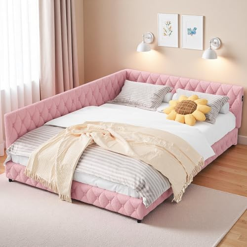 Poeahu Polsterbett Schlafsofa 140x200 cm, Tagesbett mit LED und USB, Doppelbett Jugendbett mit Rückenlehne, Daybett Gästebett Kinderbett mit Lattenrost, Samtstoff, Ohne Matratze