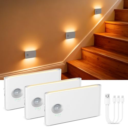ORIA LED Nachtlicht mit Bewegungsmelder, 3 Stück Aufladbar, Dimmbar | Treppenbeleuchtung, Kinder Lampe Bewegungslicht Innen Schranklicht, Auto/EIN/AUS Sensor Licht für Treppen,Flure,Schränk