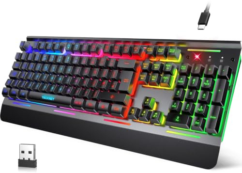 TECKNET Wireless Gaming Keyboard, 2.4G & Wired, RGB Backlit, Black | 15-Zone RGB Illumination, 4000mAh Rechargeable Battery, Metal Panel, Spill-Resistant, 105 Keys UK Layout for Laptop/PC/Mac