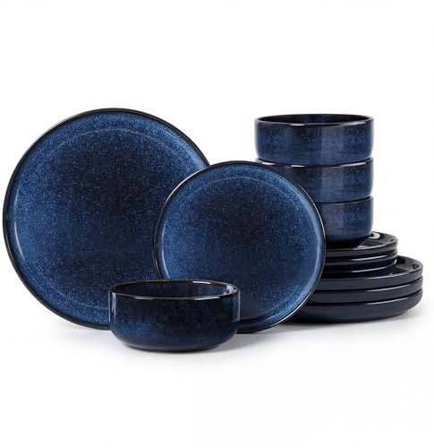 Joyfair 12-tlg Steinzeug Tafelservice Geschirrset 4 Personen - Tiefsee Blau | Reaktive Glasur Geschirr Set mit Speiseteller, Dessertteller, Müslischalen, Mikrowellen- & Spülmaschinenfest