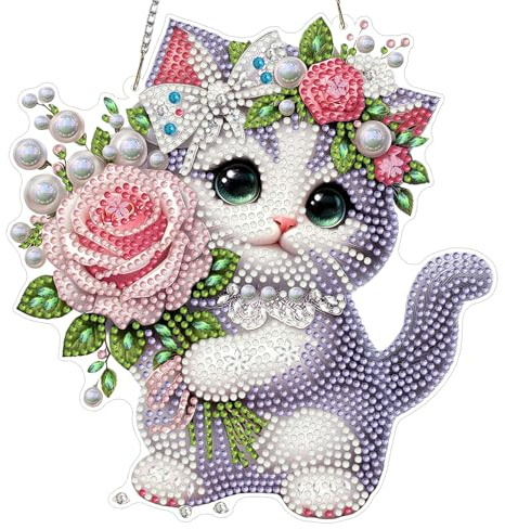 MXJSUA Perlen Blume Katze Diamond Painting Anhänger mit Kette Erwachsene, Diamant Painting Fensterbilder Hängende Ornament Bastelset Set für Wand Und Eingang Decor Geschenk 20x20cm