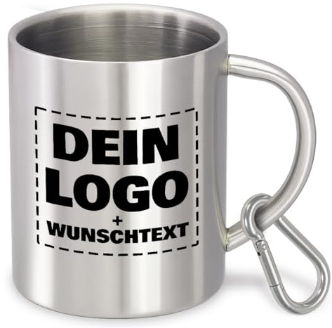 Prozente Momente Personalisierter Edelstahl-Trinkbecher zum selbst gestalten | extra groß | 400 ml | Becher | Camping, Vereine, Fasching, Fasnetsbecher, Karneval, Vereinsbecher | Silber mit Karabiner
