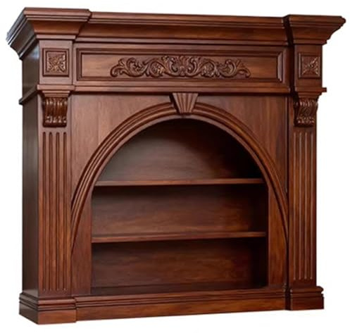 Marble Fireplace Solid Red Oak Hand-Carved Fireplace Mantel Shelf with Open Storage Shelves Ornate Fireplace Frame(Large)