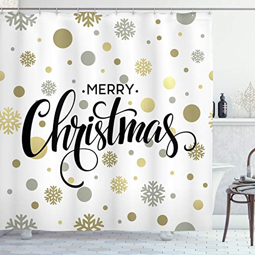 ABAKUHAUS Weihnachten Duschvorhang, Merry Xmas Snowflake, Stoffliches Gewebe Badezimmerdekorationsset mit Haken, 175 x 200 cm, Sepia Senf