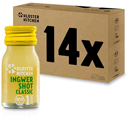 Kloster Kitchen Bio Zenzero Shot Classic 1SHOT 14 x 30 ml con veri pezzi di zenzero I germogli di zenzero vegano in bottiglia di vetro To Go I dolce e affilato senza additivi e con dolcezza naturale