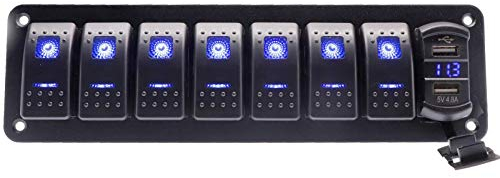 KAOLALI 5/7 Gang Rocker Interruttore Pannello Kit 12 V/24 V Interruttore di Circuito LED Blu Impermeabile Marine Rocker Interruttore Pannello Dual USB Charger Port