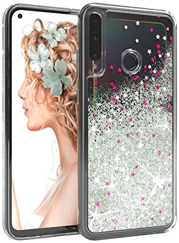 EAZY CASE Hülle kompatibel mit Huawei P40 Lite E Schutzhülle mit Flüssig-Glitzer, Handyhülle, Schutzhülle, Back Cover mit Glitter Flüssigkeit, TPU/Silikon, Transparent/Durchsichtig, Silber