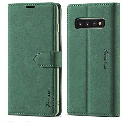 LOLFZ Wallet Case for Samsung Galaxy S10, Vintage Leather Case Card Holder Kickstand Magnetic Closure Flip Case Cover for Samsung S10 - Green