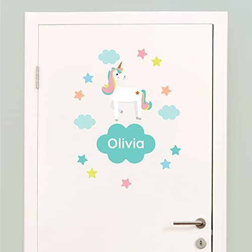 Klebekerlchen® Türaufkleber personalisiert mit Name – Wandtattoo Kinderzimmer & Babyzimmer deko – selbstklebende Wandsticker - Blaues Einhorn