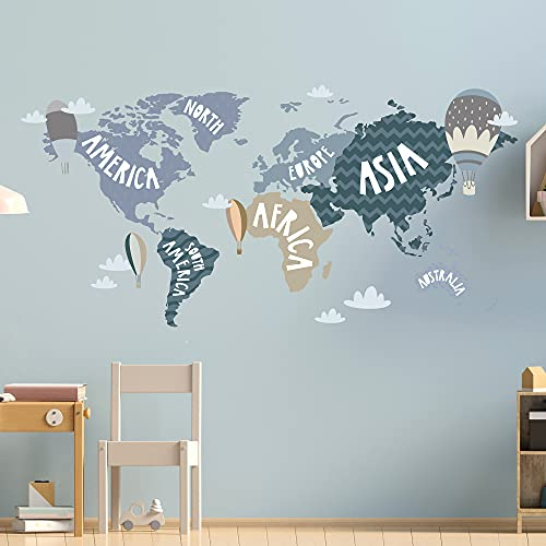 WELTKARTE Wandtattoo Set V248 | handgezeichnet | AUFKLEBER Kindergarten | Wandsticker Kinderzimmer Landkarte Karte Länderkarte Länder Globus (Blau, 60 x 30 cm)