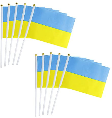 Ukraine Fahne Stockfahne/Handwinkende Mini-Bannern/jeder Stock 30 cm lang/jede Flagge 14 cm x 21 cm/Souvenir aus Ukraine/Kleine Ukraine Flagge Party Anfeuern Fahnen/Fähnchen (10PCS)