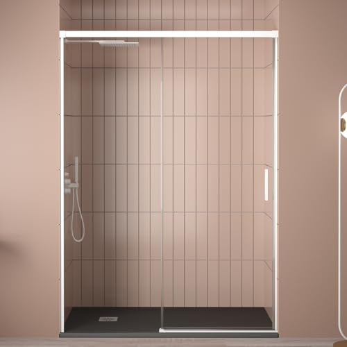 Mampara de Ducha Frontal Corredera 1 puerta Corredera + 1 fijo | Transparente | Cristal templado 6mm Antical | 195cm de Altura | Perfilería color Blanco Mate | 145 cm (Adaptable 139-144cm)