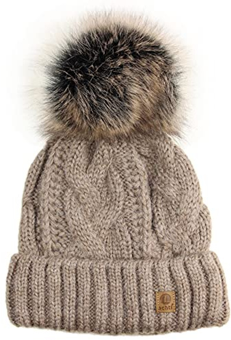 Ever Bloom Strickmütze Damen Zopfmuster, Beanie Mütze mit Kunstfell Bommel Abnehmbar, made in EU, Warme Wintermütze mit Fleece Innenfutter Hochwertig