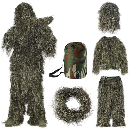 Seeutek Ghillie Suit 5 en 1 Costume de chasse camouflage 3D Veste, pantalon, capuche, sac de transport pour adultes et jeunes, M/L/XL/XXL