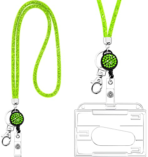 Kristall Lanyard Halskette mit Transparentem ID Kartenhalter und Schlüsselring, Bling Strass Kristall Lanyard Riemen Klar Ausweishalter und Umhängeband (Fluoreszentes Grün)