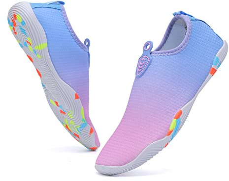 Vsufim Quick-Dry Water Sports Barefoot Shoes Aqua Socks for Swim Beach Pool Surf Yoga for Women Men, Blue/Blue/Purple, 10 Women/9 Men