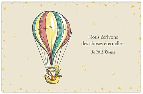 Tischset, Motiv: Der kleine Prinz in seinem Heißluftballon – weißer Hintergrund mit Sternen rundum