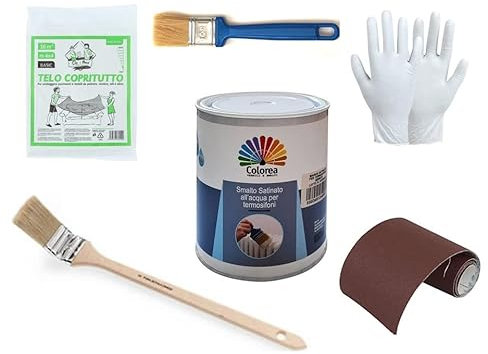 KIT PER LA PITTURAZIONE DEI VOSTRI TERMOSIFONI CHE COMPRENDE SMALTO BIANCO SATINATO, PENNELLI, GUANTI, TELO COPRITUTTO, CARTA VETRO SET PITTURAZIONE CALORIFERI TERMOSIFONI RADIATORI