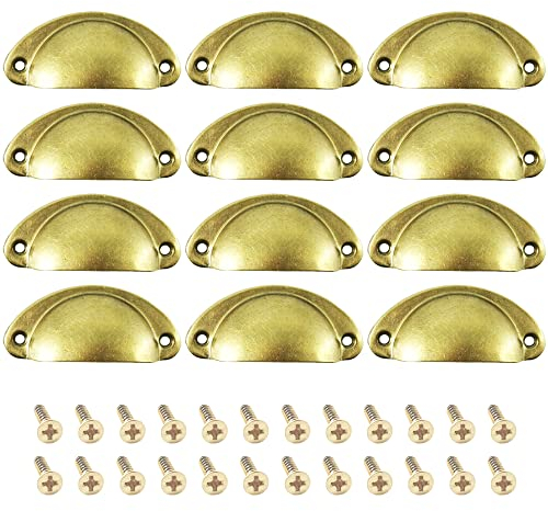 CEEYSEE 12Pcs Cup Handles for Drawers 81 X 35mm Shell Pull Handles Vintage Antique Drawer Semicircle Handle Furniture Door Knobs Handles with Screws (KLSG/Brass)