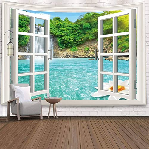 Mesnt Wandbehang Natur Bild Fensterblick, Wandteppich mit Wasserfalllandschaft vor dem Fenster Wohnkultur Wandteppiche Wandkunst für Zimmer Grün Weiß, 200x150cm