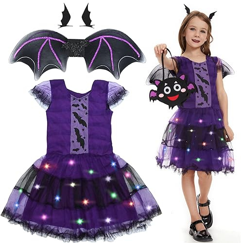 Ulikey Costume Pipistrello Bambina, Travestimento Pipistrello - Vestito, Fodera Gonna LED, Sacchetti di Caramelle, Ala, Tornante - Ragazze Costume da Strega per Halloween Carnevale Cosplay Festa (M)