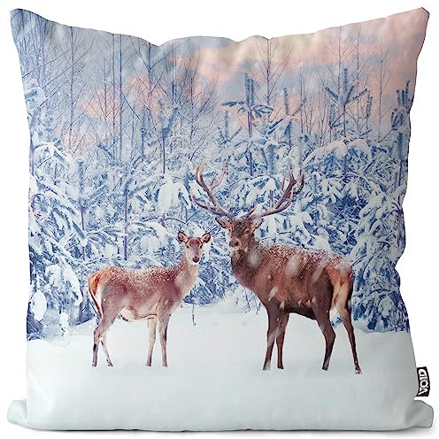VOID Hirsch REH Rothirsch Rotwild Winter Kissenbezug Kissenhülle Polyester Weihnachten Deko Winter Outdoor Dekoration, Kissen Größe:40 x 40 cm