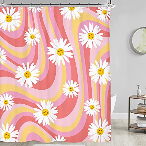 Riyidecor Lot de 12 rideaux de douche à motif floral abstrait rose souriant rétro fleur jaune marguerite 183 x 183 cm - Style vintage bohème moderne - Tissu esthétique - En polyester imperméable -