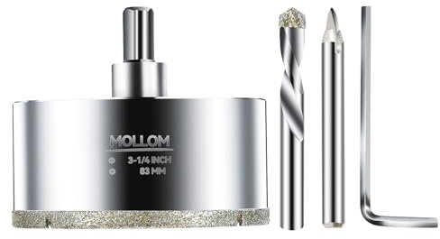 MOLLOM (83mm | 3-1/4) Scie Cloche Diamantée avec 2 Mèches Pilotes Amovibles pour une Coupe Lisse sur les Carreaux en Porcelaine, Verre, Céramique, Marbre, Fibre de Verre, etc
