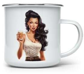 MAXIKIWI - Taza de café o té esmaltada duradera para uso en interiores y exteriores - Café asiático vintage Pin Up - 350 ml