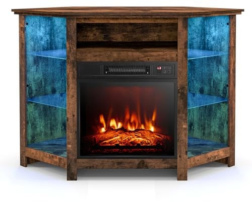 COSTWAY Electric Fireplace Insert TV Stand, Corner Entertainment Center with 16 Color LED Lights, 3-level Flame Fireplace Heater, Remote & Smart APP Control, TV Console for TVs up to 50 (Brown)