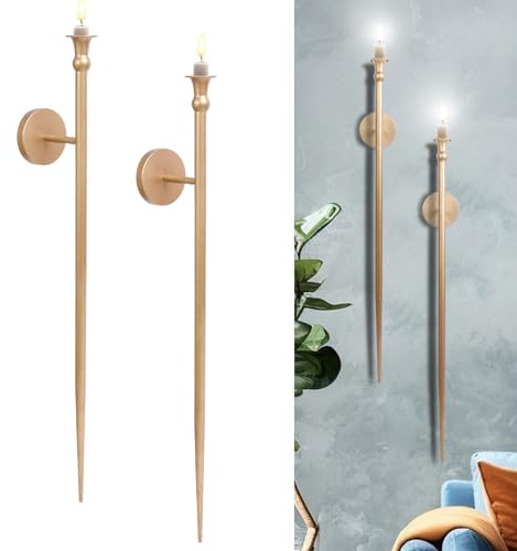 Candle Sconces Long Wall Candle Holder - 33 H Set of 2 Gold Long Wall Candle Sconce Retro Chic Wall Sconces Candle Holder Decoration for Dining Room, Living Room, Office, Bathroom