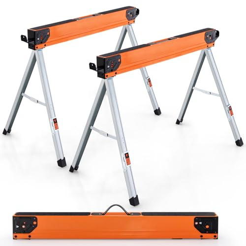GYMAX Lot de 2 Tréteaux Pliables et Portables à Structure Stable | Patins Antidérapants et Bras de Support, Chevilles Rabattables pour Menuiserie et Travail du Bois