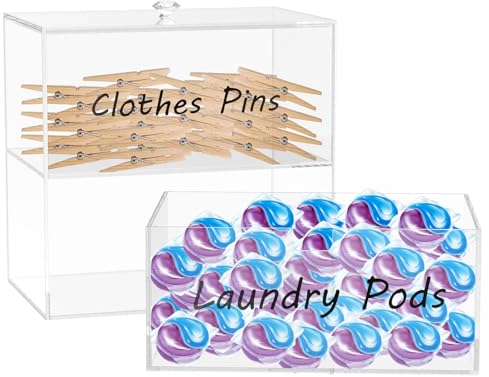 Acrylic Dryer Sheet Container with Drawer and Lid, Dryer Sheet Holder for Laundry Room Organisation, 2-Tier Laundry Pod Container with 4 Label Decals for Laundry Pods, Dryer Balls, Clothes Pins