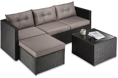 VonHaus Rattan Corner Chaise Sofa Set & Table - Spacious 3-4 Seater Corner Garden Sofa Set, Water Resistant Outdoor Rattan Lounge Set w/Glass Tabletop & Comfortable Padded Cushions - Black & Natural