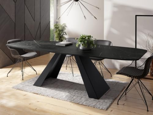 WFL GROUP Esstisch Monte im Modern Stil, Rechteckiger Tisch in Schwarzer Marmoroptik - Ausziehbar von 160 cm bis 200 cm, Pulverbeschichtete Schwarze Metallbeine - 160 x 80 cm - Marmor Schwarz