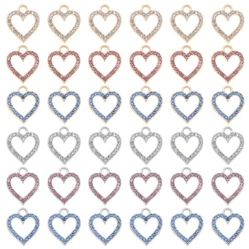SUPERFINDINGS 60 Stück 6 Farben Strass Herzanhänger Legierung Hohles Herz Kristallanhänger Große Herzglieder Für Die Schmuckherstellung Armbänder Ohrringe Halsketten Zubehör Geschenke DIY Handwerk