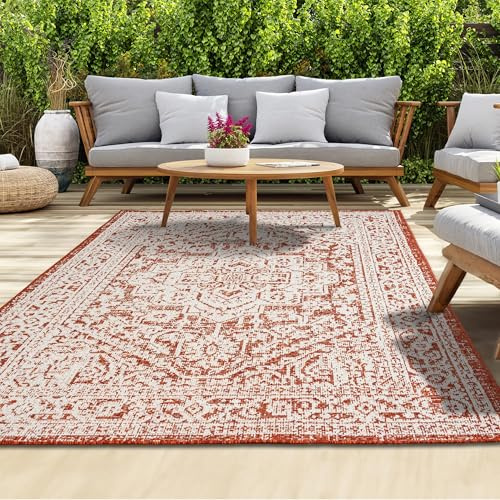 homeart Outdoor Rug - Easy-Clean, Durable, Stain-Resistant, Weather & UV Resistant Indoor & Outdoor Rugs for Porch, Deck, Balcony, Garden, Picnic and Patio | Medallion Terra, Cream - 200x290cm