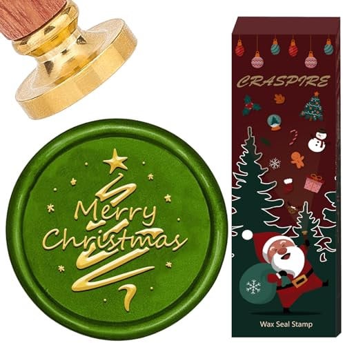 CRASPIRE Merry Christmas Wax Seal Stamp 30mm Removable Christmas Tree Brass Head with Vintage Retro Wooden Handle Sealing Wax Stamp for Christmas Day Party Birthday Envelopes Invitations Packing DIY