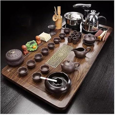 JFNGGHEB Chinesisches Kung Fu Tee-Set, Automatische Teekanne for zu Hause, Gongfu Tee-Set, Teezeremonie, Teetasse, Elektroherd, Teetisch, Teetablett aus Massivholz, Keramik-Tee-Set(Style-4)