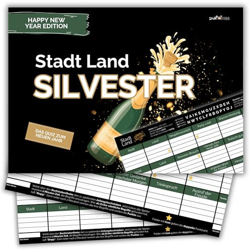 Stadt Land Silvester by snaPmee - Ratespiel zur Neujahrs-Party- Familienspiel + Partyspiel - 50 Blatt Din-A4