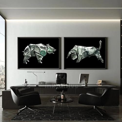 KEMEIQI HD-Druck Wandbilder Nordic Wall Street Art Bull Bear Finance Dollar Poster Leinwandmalerei Büro Heimdekoration 70x100cmx2 Rahmenlos
