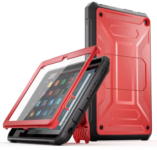 Fire HD 8-Tablet Hülle (12. Generation, 2024/2022 Release)–TrendGate Lightweight Armor Series Cover integrierter Displayschutzfolie mit Ständer für Kindle Fire HD 8/Plus/Kids/Kids Pro-Tablet – Rot