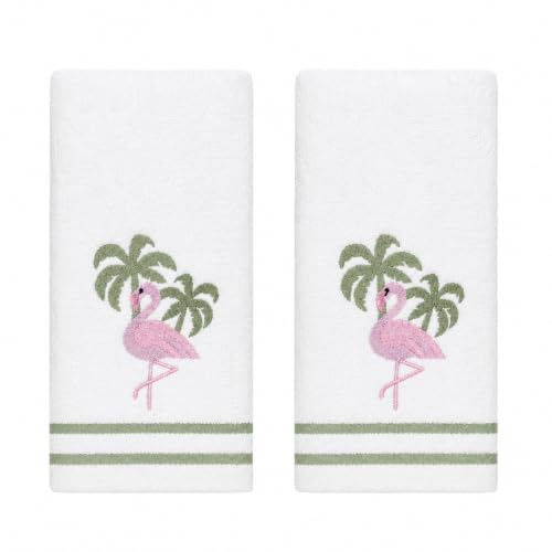 Coastal Tropical Embroidered Bath Hand Fingertip Towels, Pink Flamingo Palm Tree Blue on Ivory, Embellished Trim, 100% Cotton, Set of 2, 12 x 18 inches