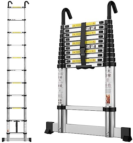 gymount Aluminium Teleskopleiter 3,2 m, Leiter Ausziehbar mit Stabilisatorstange und Abnehmbaren Haken, Klappleiter, 150 kg Belastbarkeit