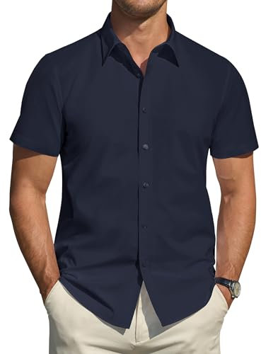 J.VER Mens Navy Blue Short Sleeve Dress Shirt Regular Fit Casual Smart Wedding Party Summer Iron Free Shirts L