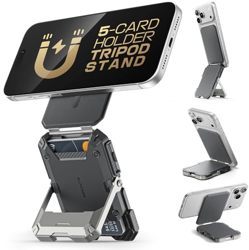 SUPCASE for MagSafe Wallet with Stand, Magnetic Wallet for Men, [Hold 5 Cards] [Adjustable Stand] [RFID Blocking] Phone Credit Card Holder Tripod for iPhone 17/16/15/14/13/12 Series (Silver)