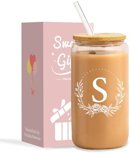 NOOMII Gifts for Women- Birthday Gifts for Women 16oz Iced Coffee Glass Cups with Bamboo Lids and Straws- Ideal Iced Coffee Gift Set for Friend Mum Wife Colleagues (S)