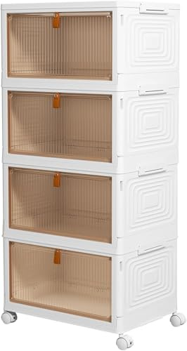 HYGRAD Shoe Storage Boxes Stackable Trainer Containers Shoe Organisation Boxes With Door On Wheels To Move around For Bedroom 2/3/4/5/6 Layers (4 Tier)