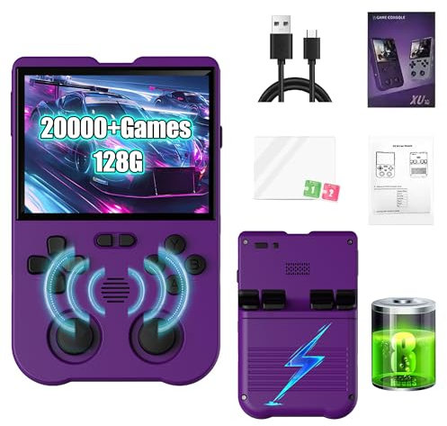 XU10 Retro Handheld Game Console,Built-in 20000+ Games,Supports 38 Emulators & 7 Languages,3.5 Inch IPS Screen,Portable Nostalgic Game Console,Linux System,Updated RK3326S Chip,3000mAh (Purple-128G)
