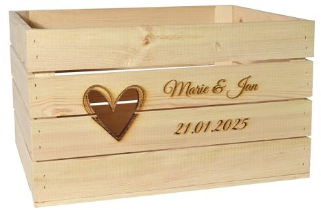 CHICCIE Holzkiste Personalisiert Herz mit Wunschtext 50x40x30cm - Gravierte Erinnerungskiste Hochzeit Verlobung Muttertag